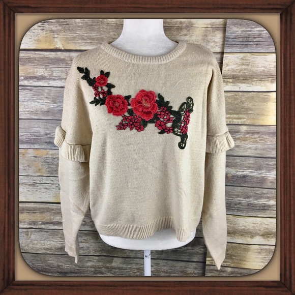 woven heart Sweaters - Woven Heart Embroidered Wide Ruffle Sleeve Sweater